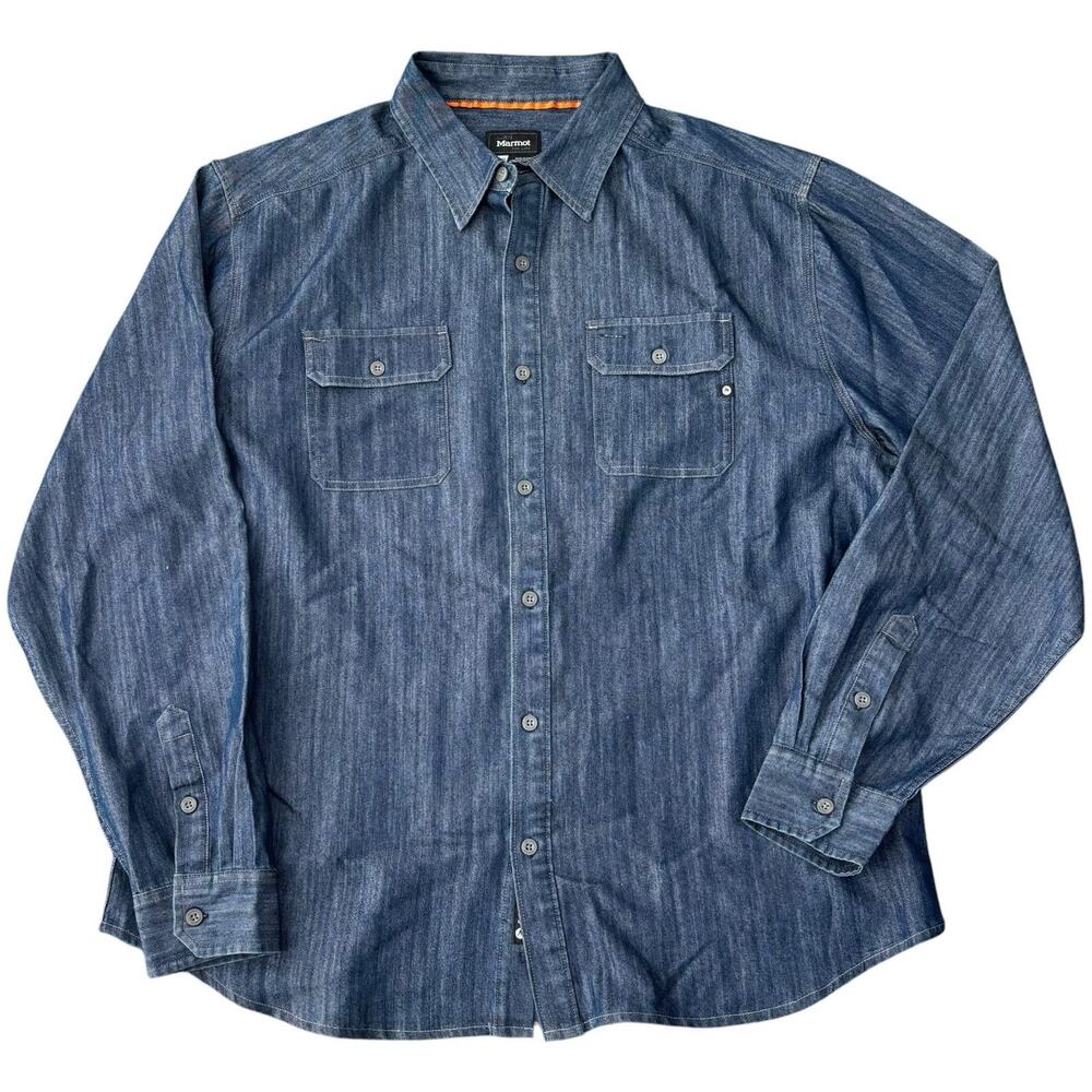 Marmot Men's Long Sleeve Button Down Shirt Size XXL Dark Blue Chambray Logo EUC